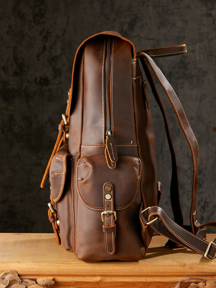 手工牛皮復古雙肩包男真皮戶外旅行背包男士百搭瘋馬皮男包電腦包