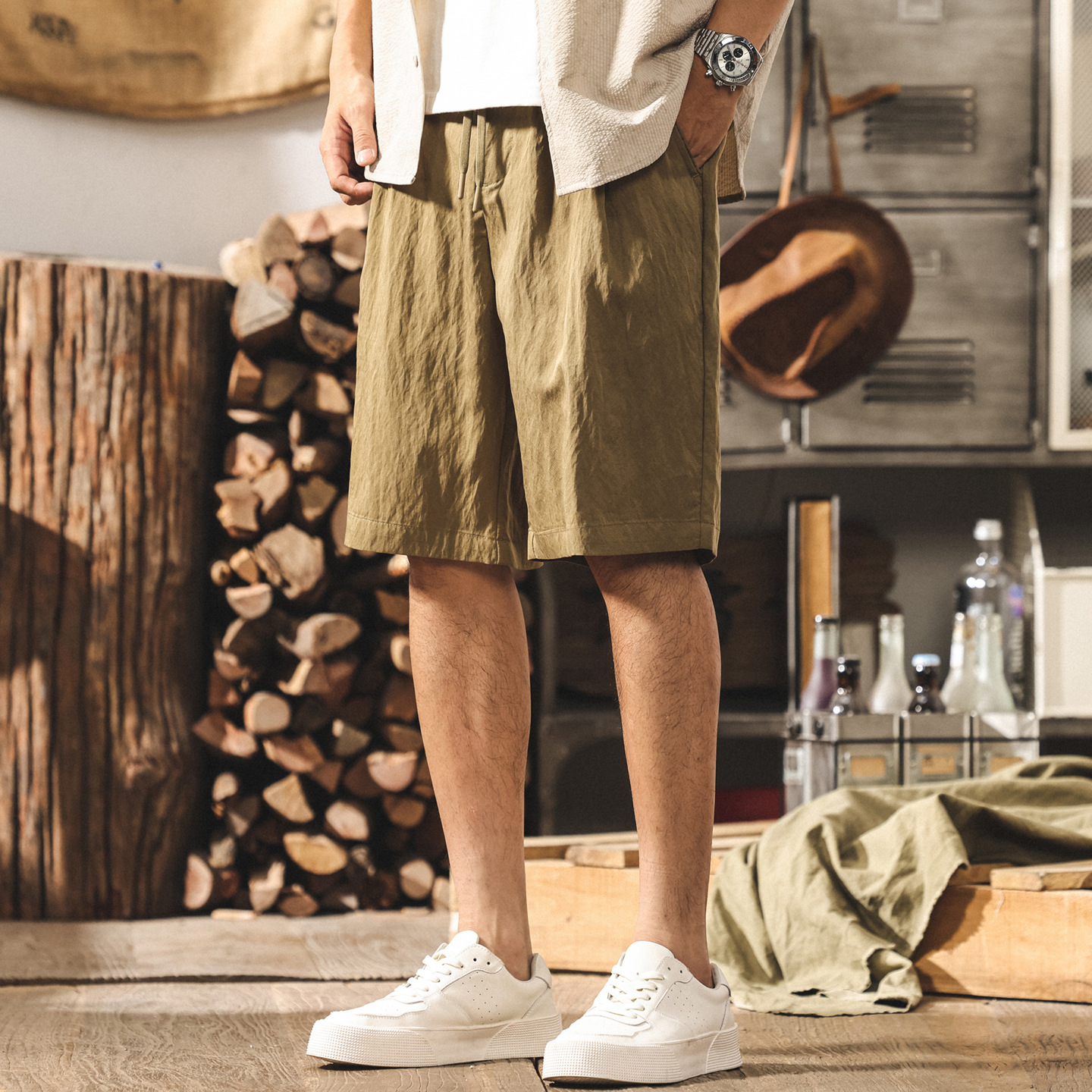 垂感褶皺薄款冰絲短褲男士夏季新款萊賽爾天絲寬鬆中褲休閒五分褲