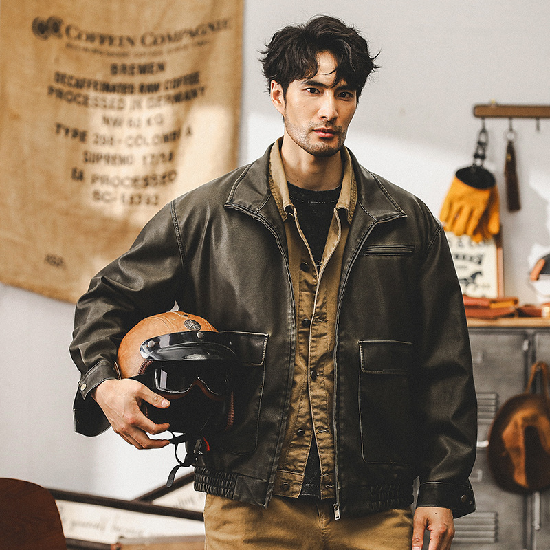 美式復古機車軟皮衣外套男秋季潮牌寬鬆硬漢痞帥男士休閒工裝夾克