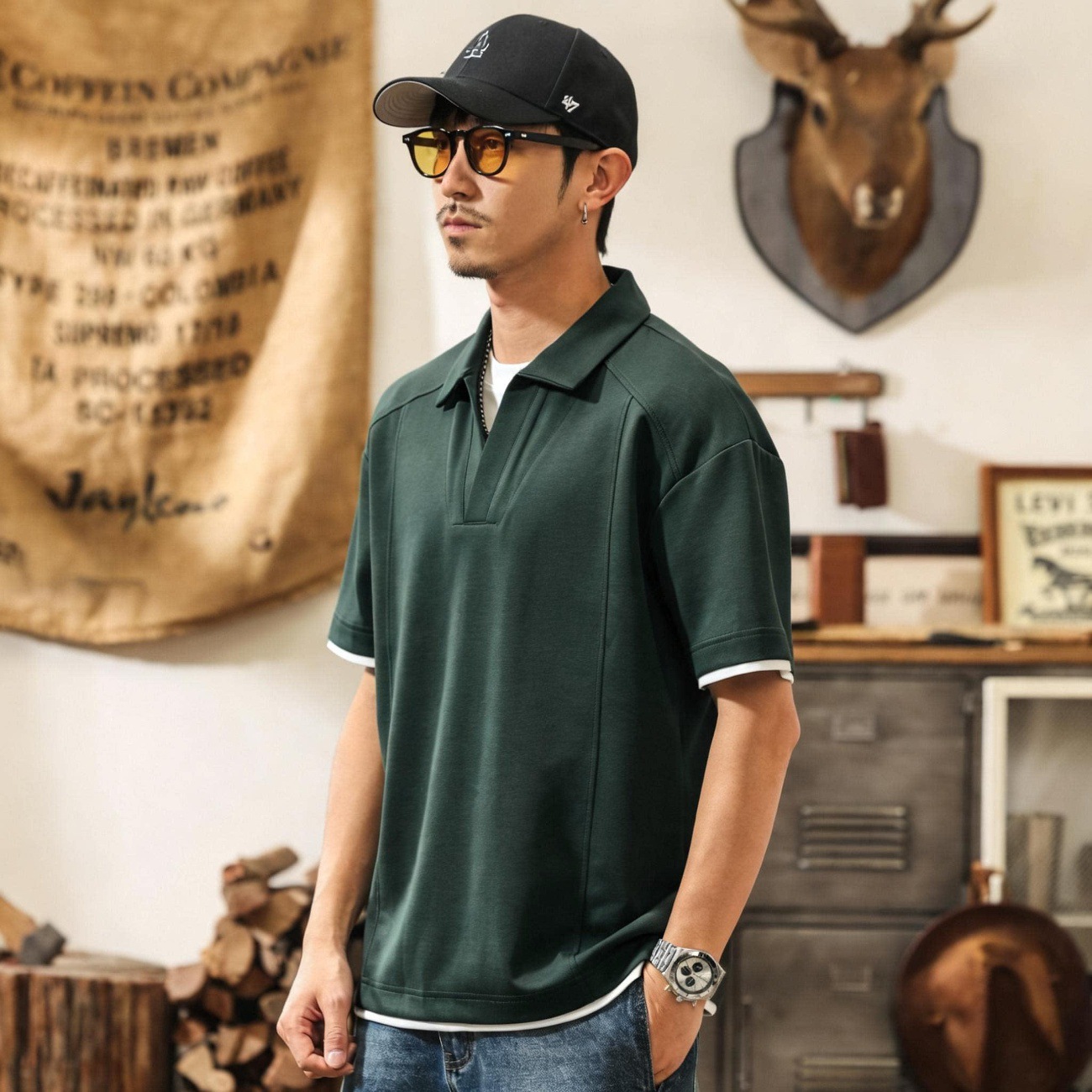 美式復古假兩件果凍棉涼感短袖Polo衫男夏季新款潮牌寬鬆男士T恤