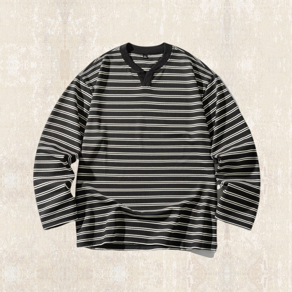 美式復古海魂條紋長袖t恤男2025新款秋季潮牌設計感寬鬆v領上衣男