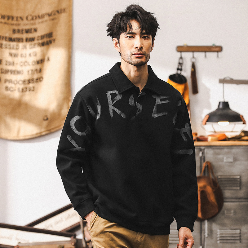 美式重磅380g復古長袖polo衫男秋季寬鬆2024新款珠地棉休閒衛衣男