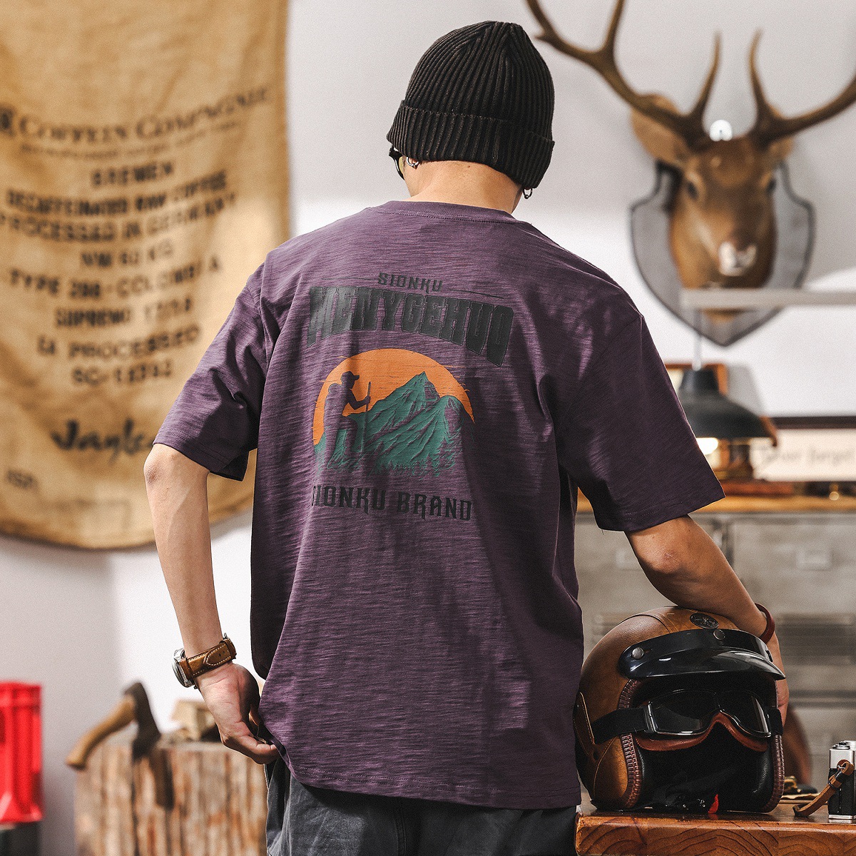 高級感竹節肌理短袖T恤男夏季潮牌美式復古戶外山系紫色休閒上衣T