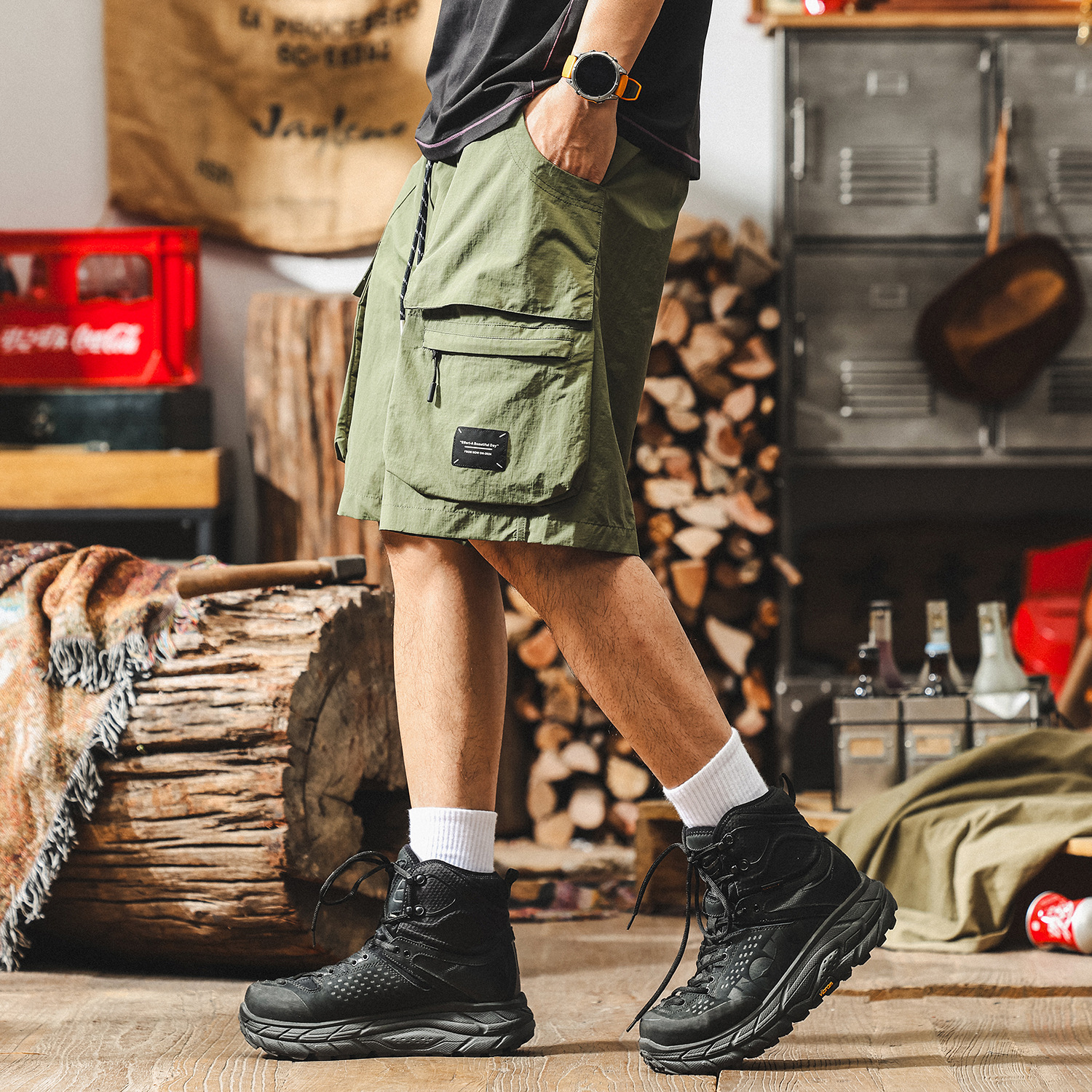 戶外機能速幹運動綠色工裝短褲男夏季薄款寬鬆大碼潮牌休閒五分褲