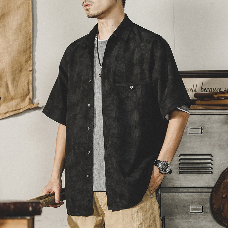 杰雷諾高級感工裝襯衫男短袖夏季薄款寬鬆翻領半袖扎染花襯衣男潮