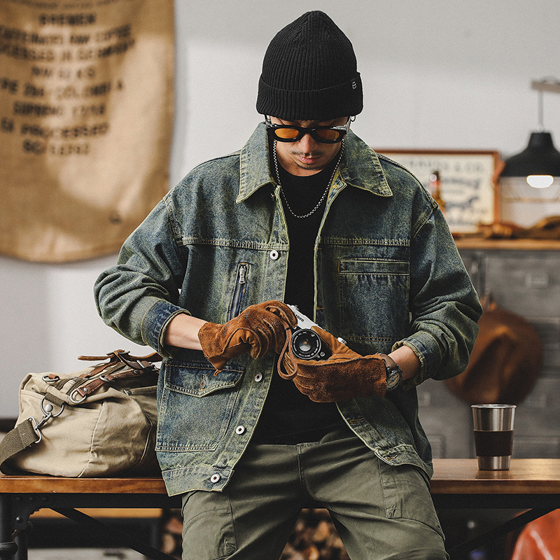美式復古黃泥染牛仔外套男春季2024新款潮牌痞帥男士休閒工裝夾克