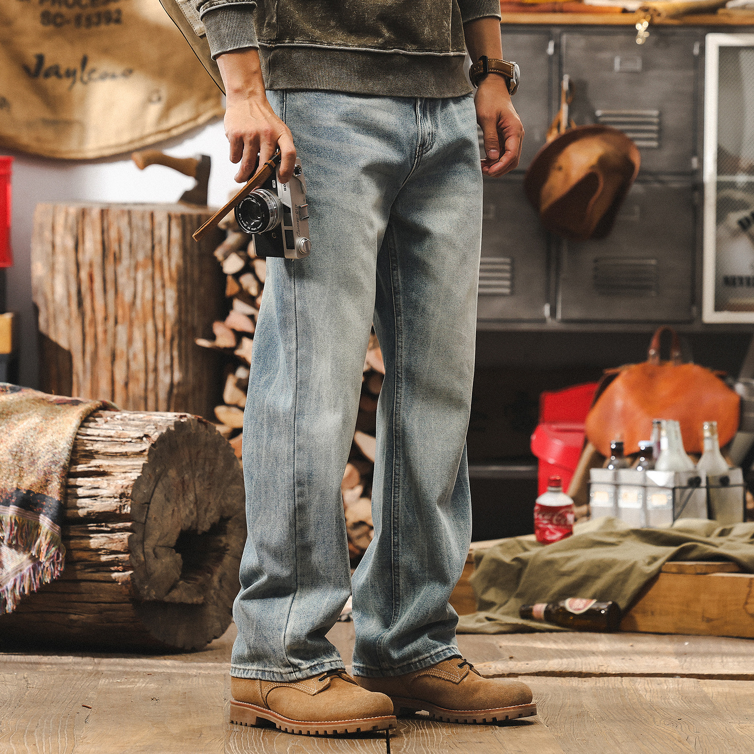 美式復古冰川藍微喇牛仔褲男寬鬆直筒2025年新款淺色休閒男士褲子