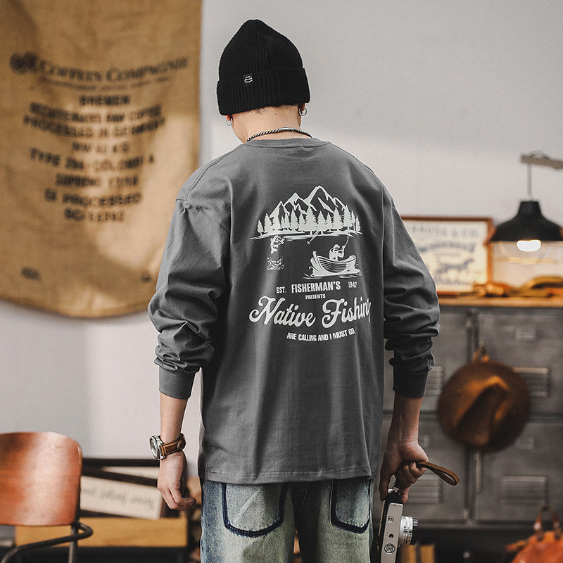 春季新款美式山系T恤男長袖寬鬆潮牌260g重磅男士上衣打底衫