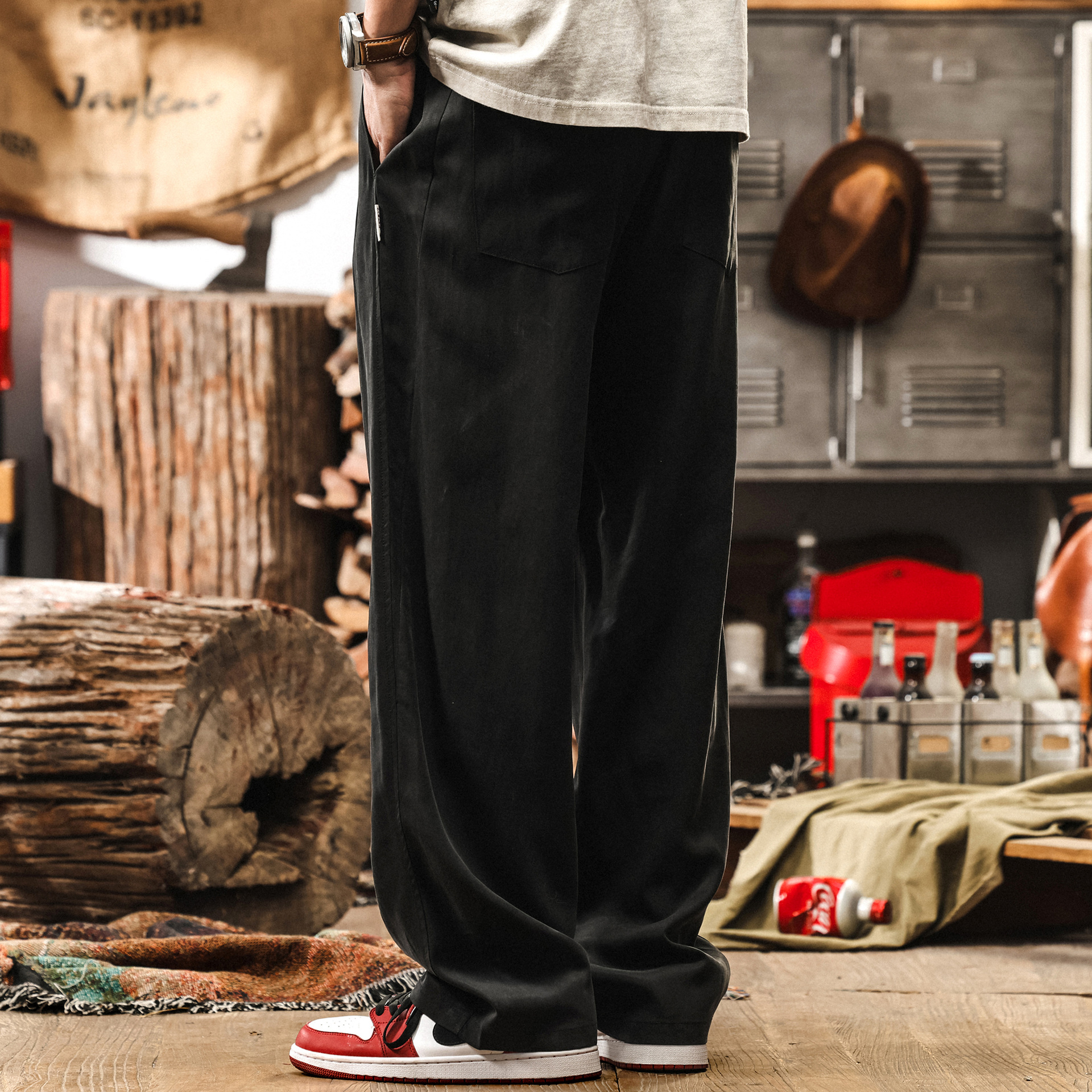 萊賽爾天絲柔軟順滑亞麻褲子男款夏季寬鬆直筒薄款黑色男士休閒褲