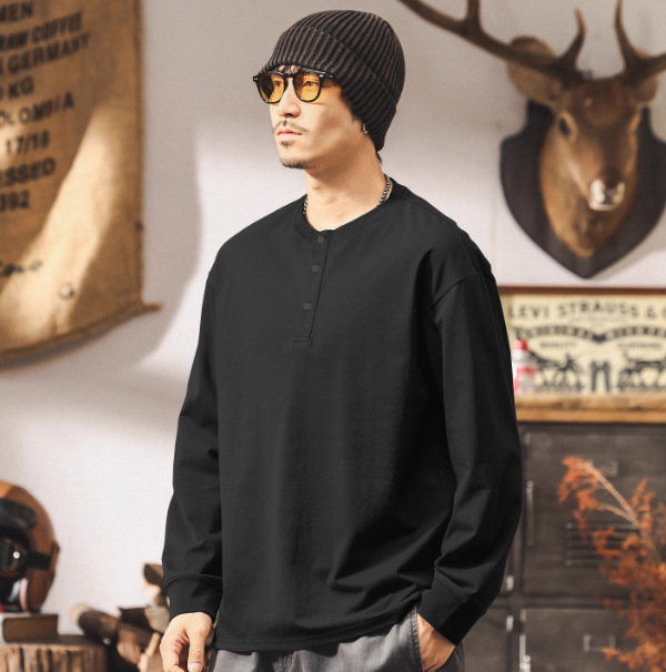 美式復古亨利領t恤男長袖秋季2025新款潮流上衣男寬鬆休閒polo衫