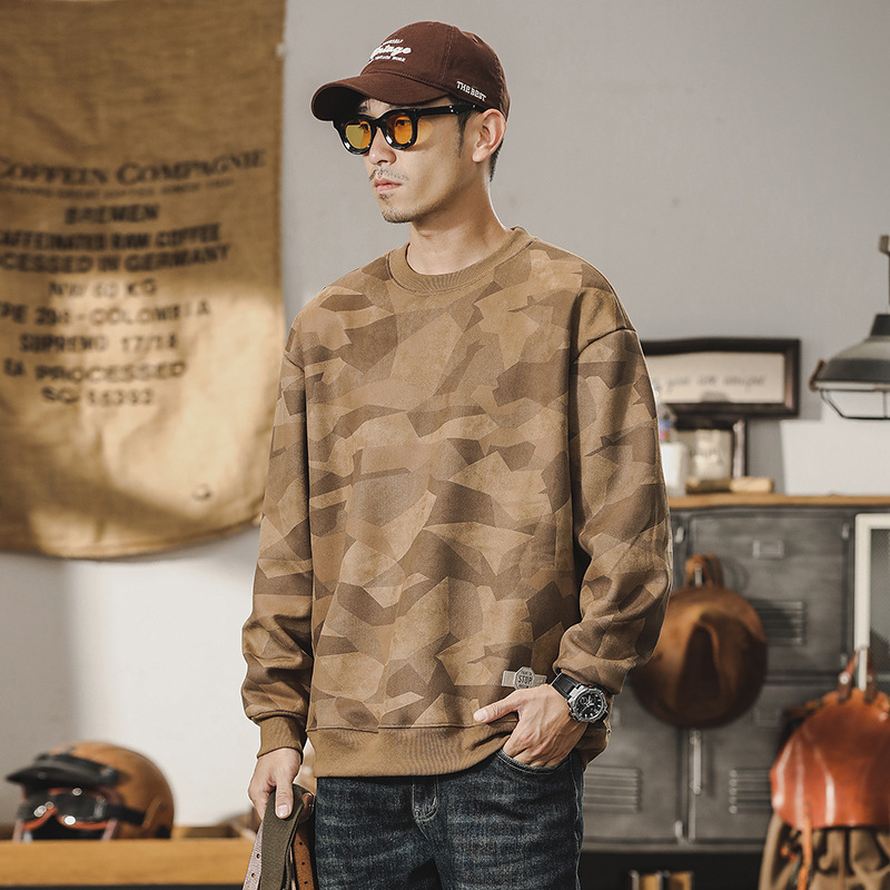 美式重磅復古麂皮絨衛衣男秋冬款潮牌寬鬆休閒加絨加厚上衣男冬季