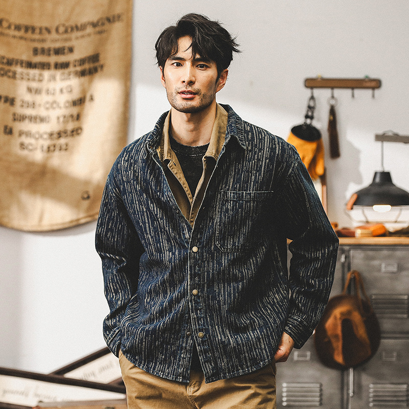 美式複古提花牛仔襯衫男長袖秋季潮牌寬松做舊水洗休閑夾克外套男