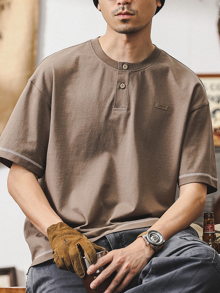 杰雷諾美式復古亨利領短袖T恤男夏季潮牌卡其色休閒男士上衣