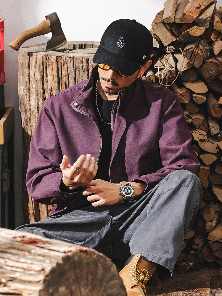 美式復古紫色工裝外套男春秋款潮牌2025新款寬鬆飛行員夾克男短款