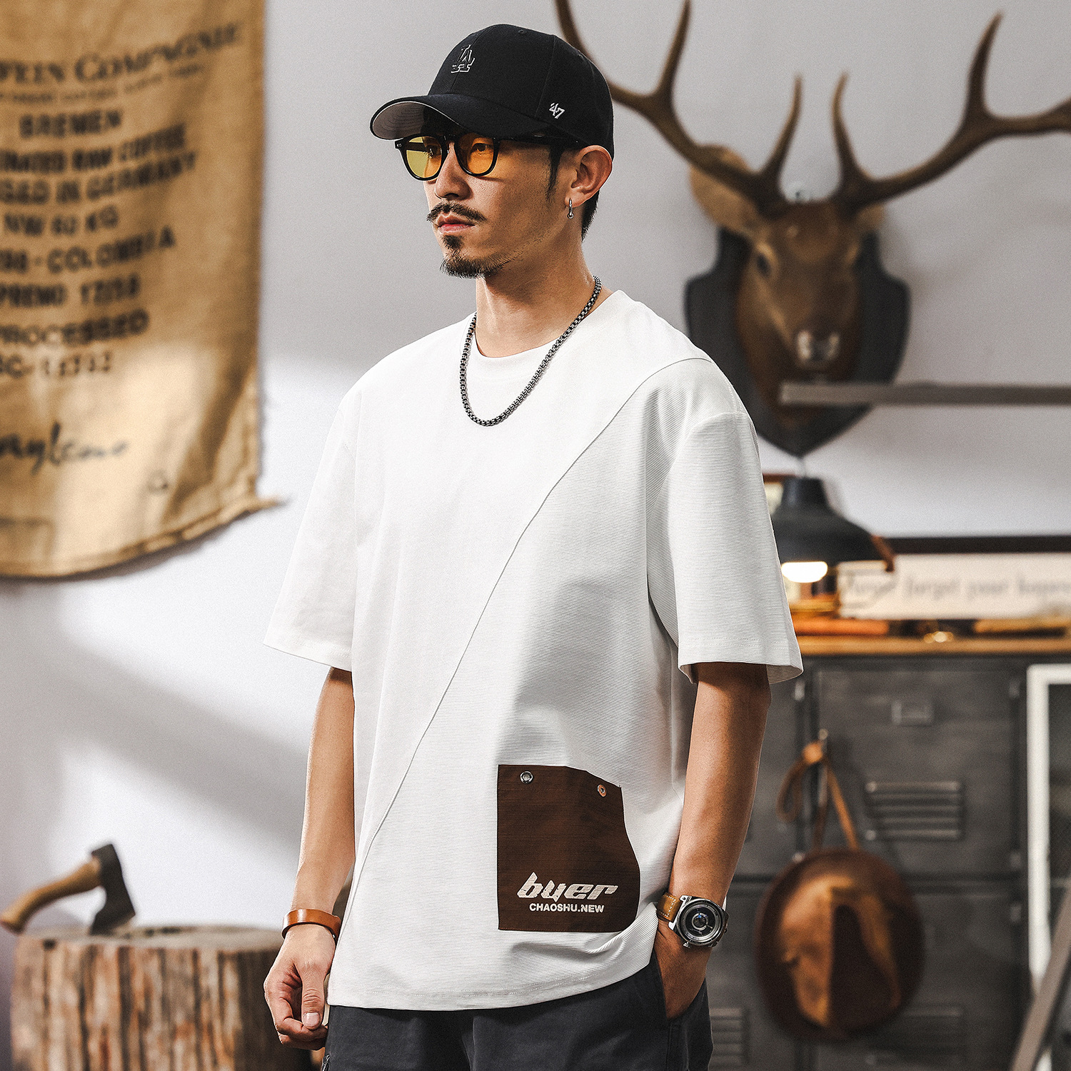 提花T恤男2025新款美式復古潮牌短袖男夏季寬鬆半截袖上衣男