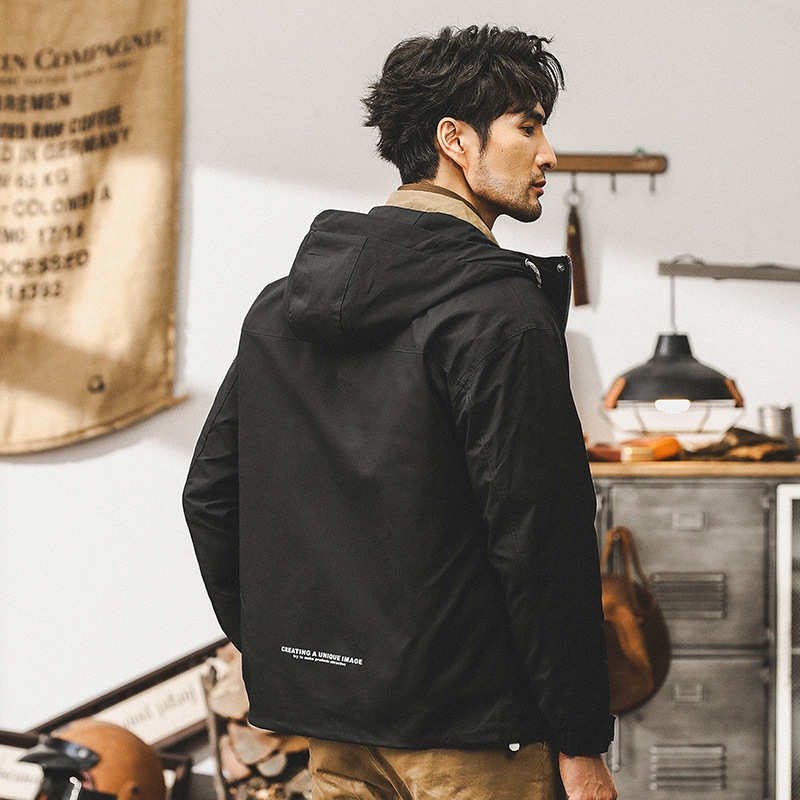 美式復古黑色工裝外套男春秋款寬鬆潮牌戶外機能秋季獵裝連帽夾克