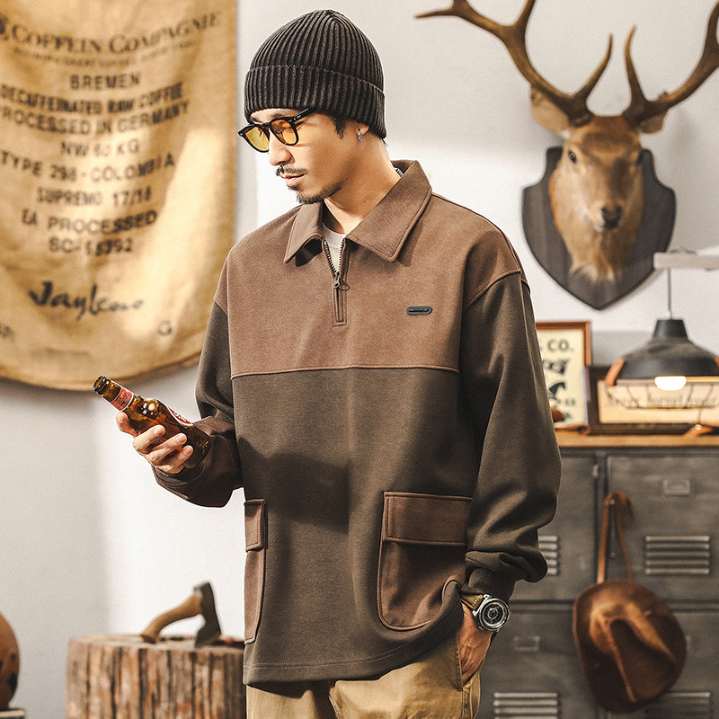 美式復古360g重磅衛衣男秋季2024新款潮流設計感拼接口袋POLO衫男