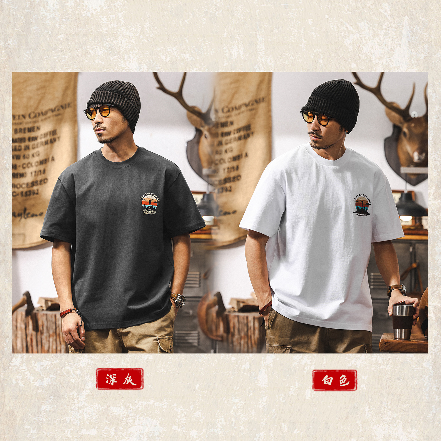 美式重磅雙紗T恤男短袖夏季復古潮流戶外露營印花休閒上衣印花T男