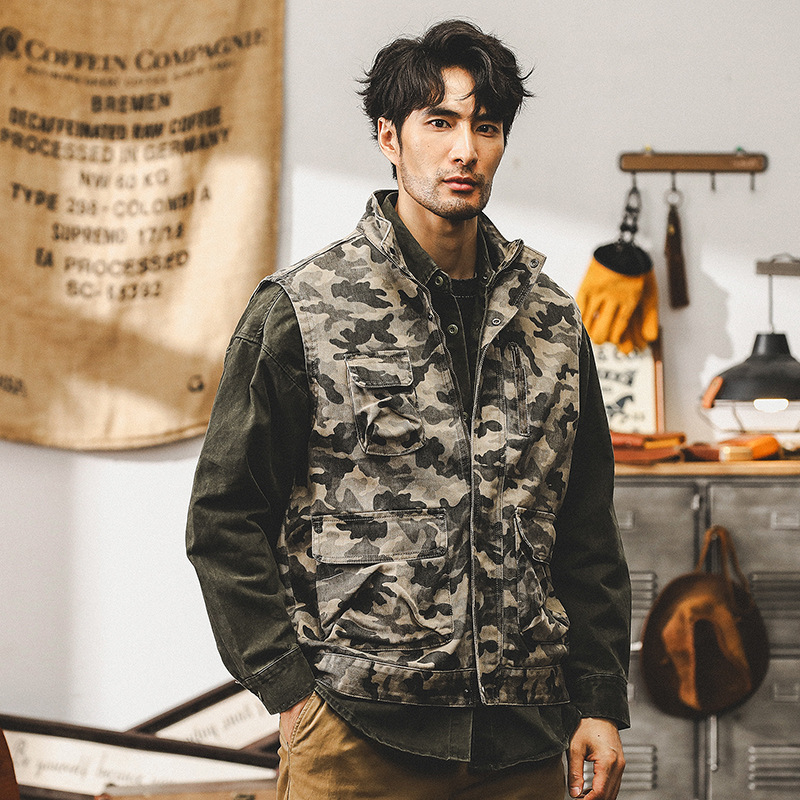 美式複古重磅迷彩夾克外套男秋季戶外機能寬松阿美咔叽工裝馬甲男