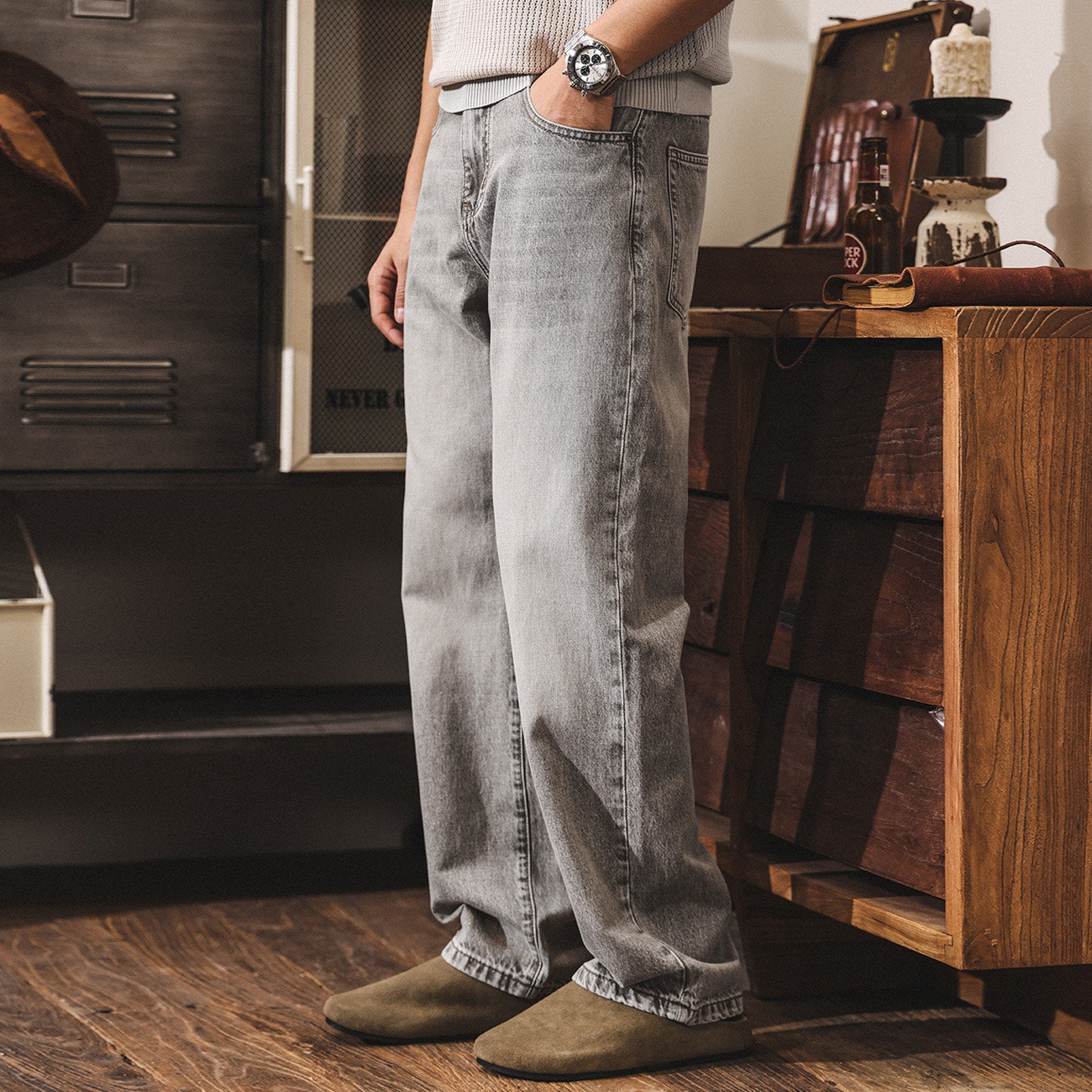 美式復古棕咖水洗牛仔褲男春季2026新款潮牌寬鬆直筒薄款休閒長褲