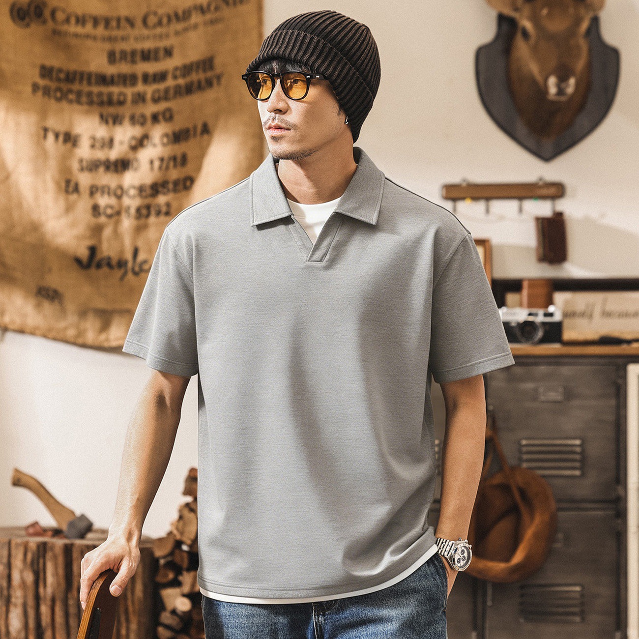 美式復古假兩件Polo衫男短袖2026新款夏季男裝寬鬆休閒潮牌T恤男