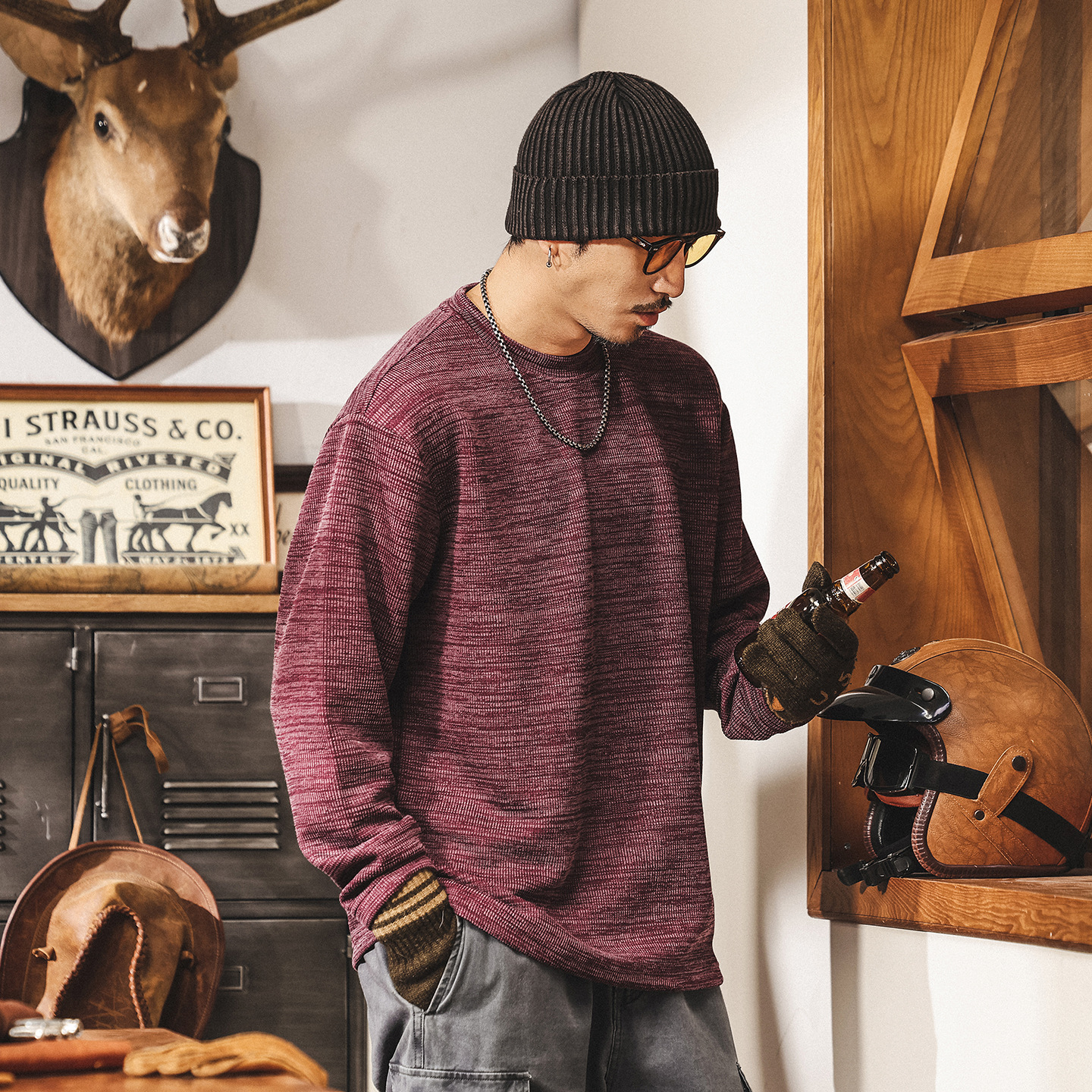 美式復古300g重磅長袖t恤男秋季新款提花肌理感寬鬆棗紅色上衣男