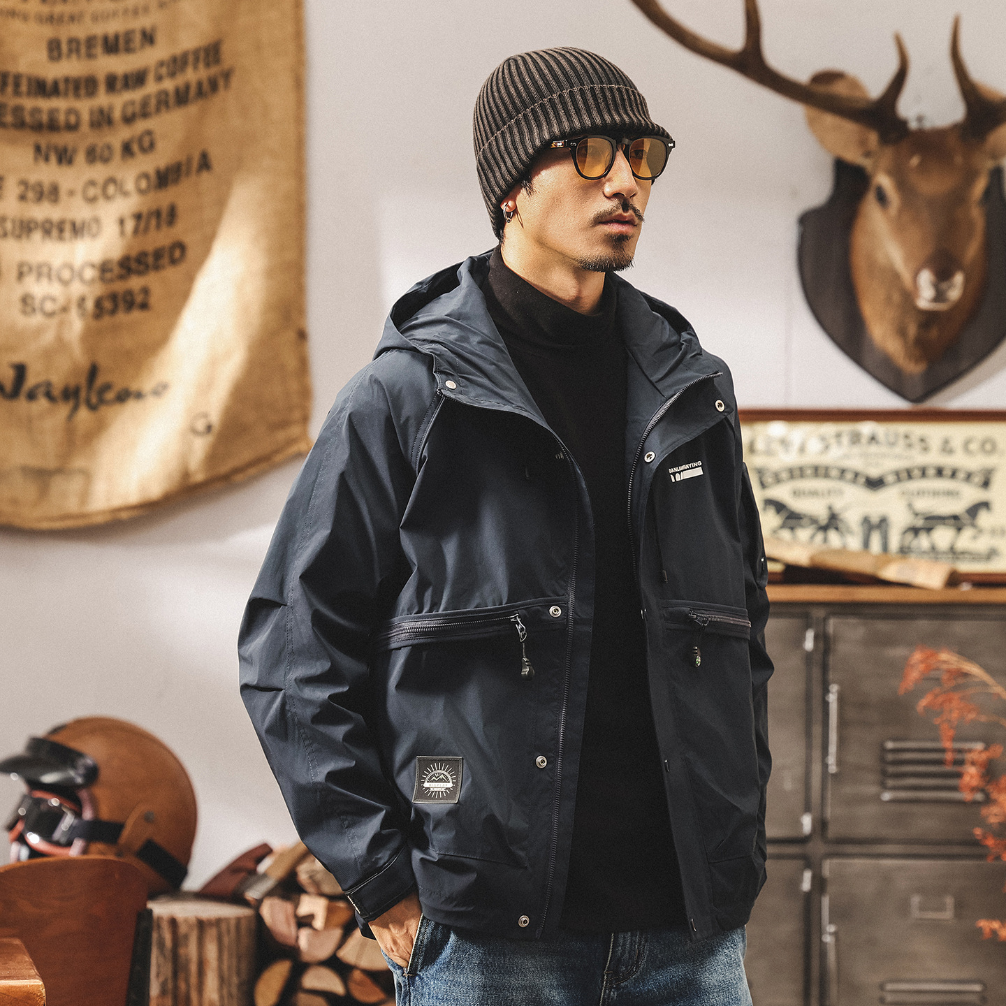 美式復古防風工裝外套男春秋連帽男士潮流山系戶外教練獵裝夾克男