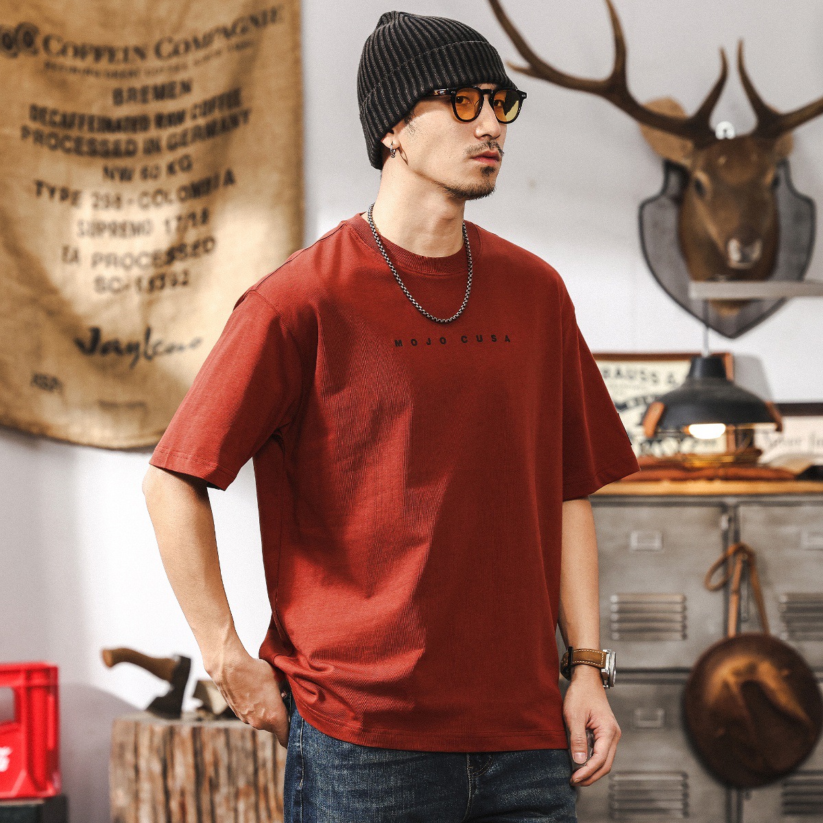 美式復古32支雙紗短袖T恤男夏季潮流簡約膠漿印花休閒上衣男