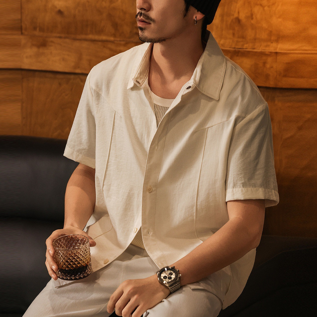 美式復古莫瑞老錢風白色短袖襯衫男士夏季薄款輕奢寬鬆休閒襯衣男