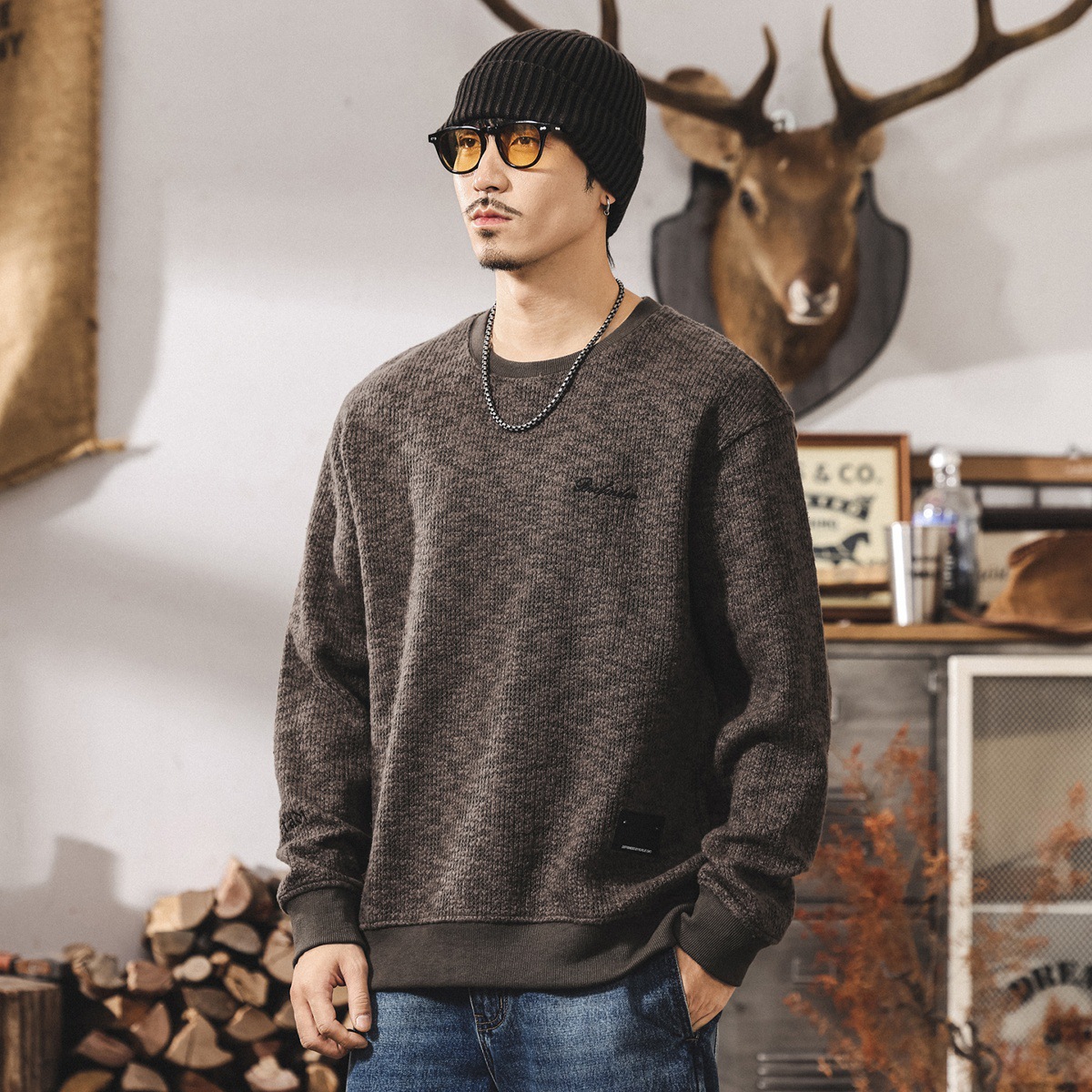 美式復古粗線混色針織衛衣男秋季新款潮牌重磅長袖T恤男春秋上衣