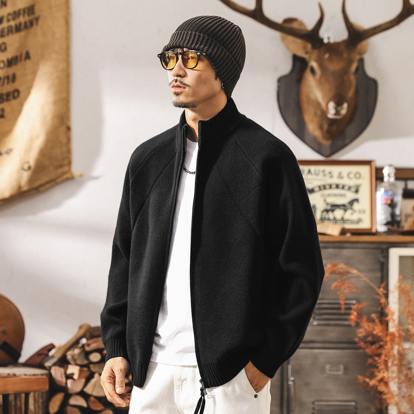 美式復古7針重磅開衫毛衣男春秋雙拉鍊半高領針織衫外套男士秋冬