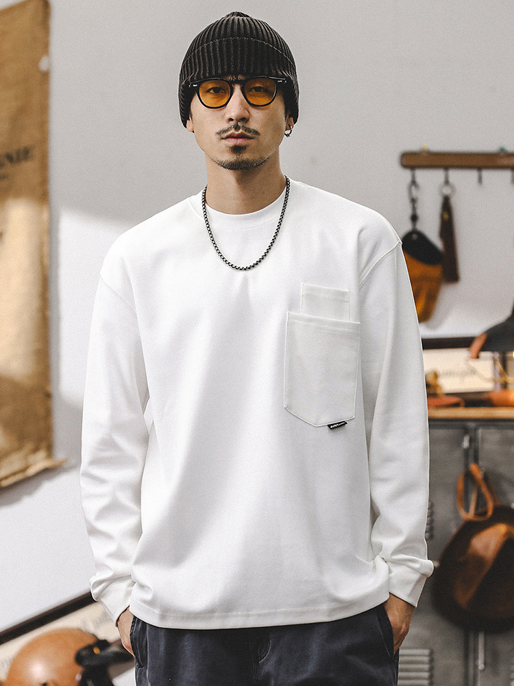 美式複古260g重磅長袖T恤男秋季寬松純色上衣潮2024新款男裝體恤