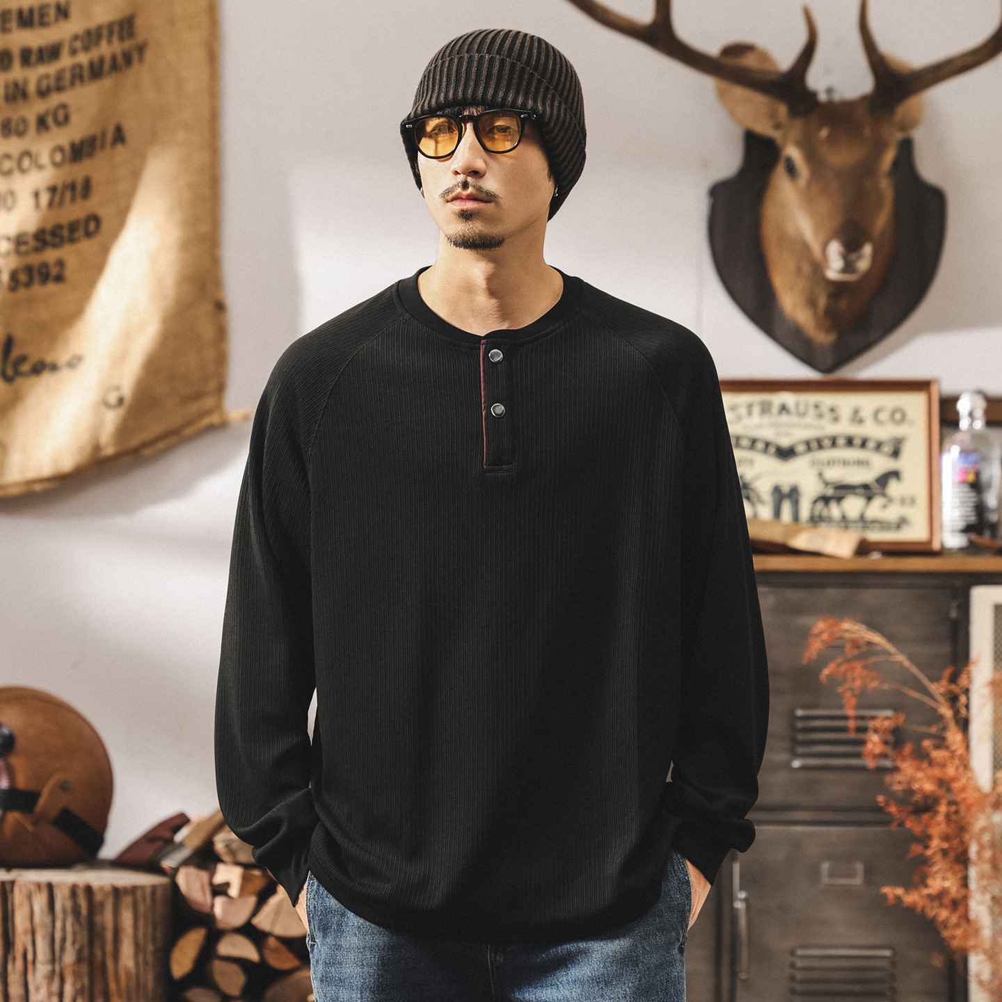 美式復古280g重磅長袖t恤男寬鬆秋季新款條紋肌理亨利領polo衫男