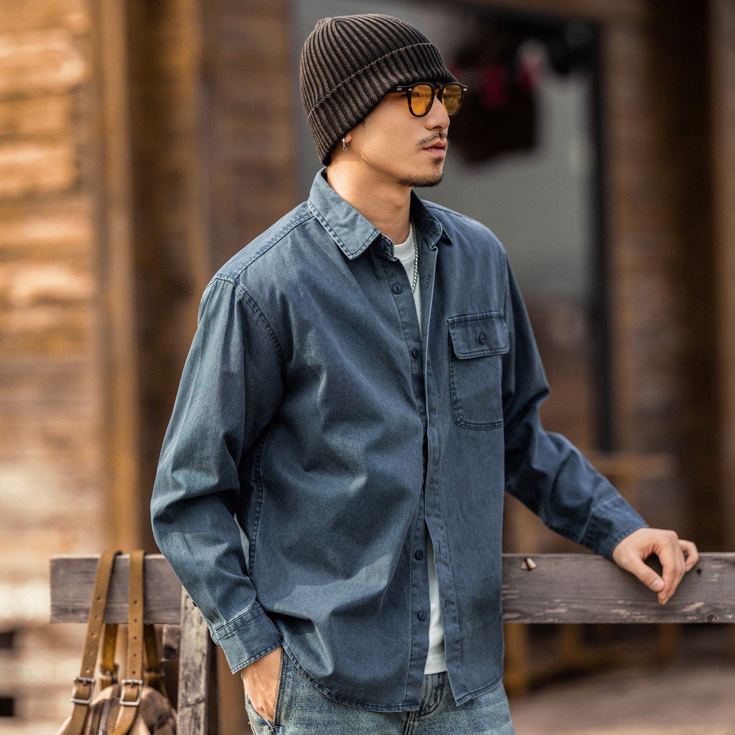美式復古酵素水洗牛仔襯衫男春季潮牌長袖工裝襯衣寬鬆休閒外套男