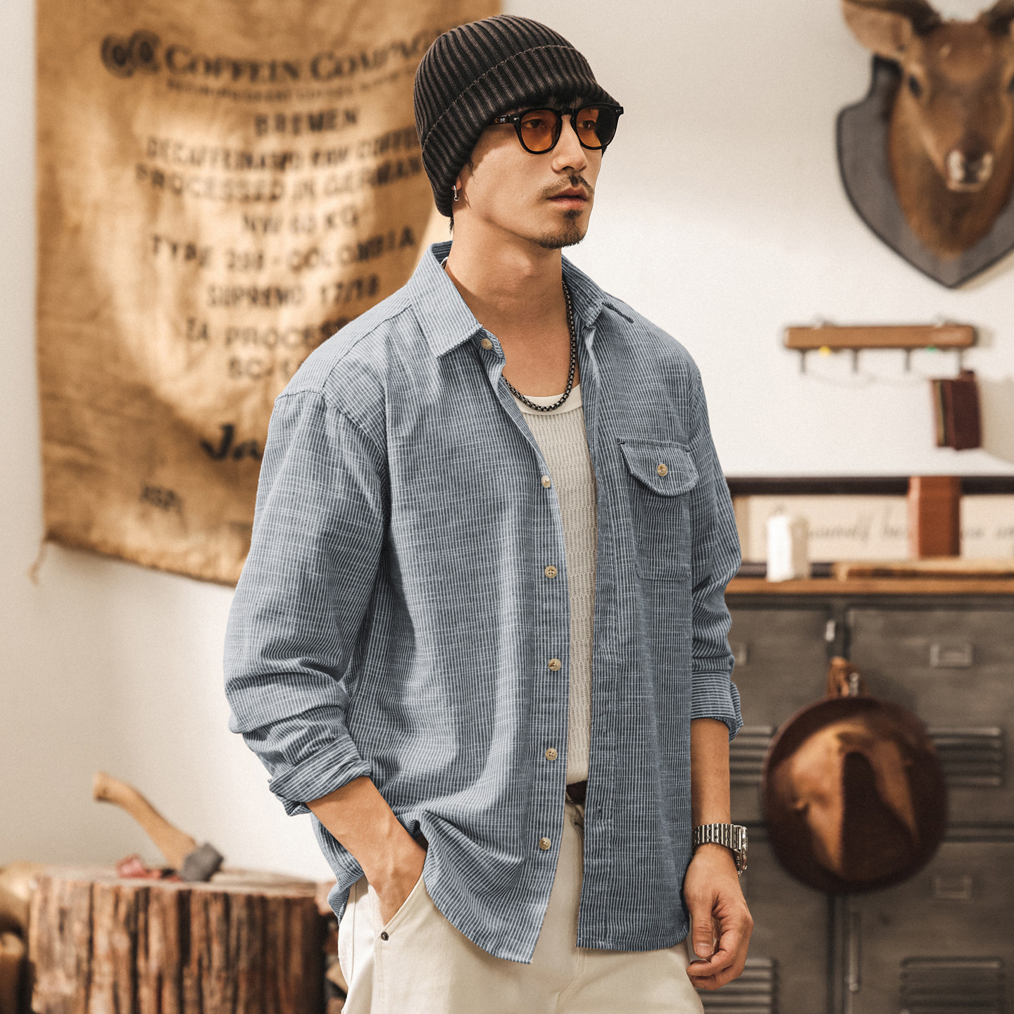 美式復古亞麻條紋長袖襯衫男春季2026新款通勤竹節紋休閒襯衣外套