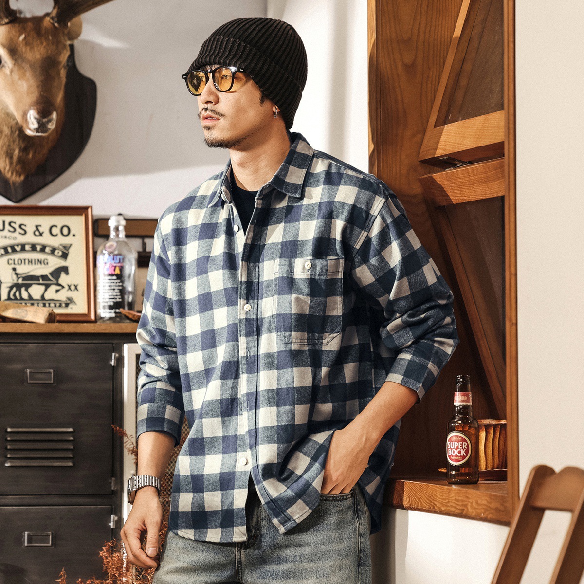 萊賽爾天絲靛藍洗褪格子襯衫男秋季美式潮牌新款寬鬆長袖襯衣外套