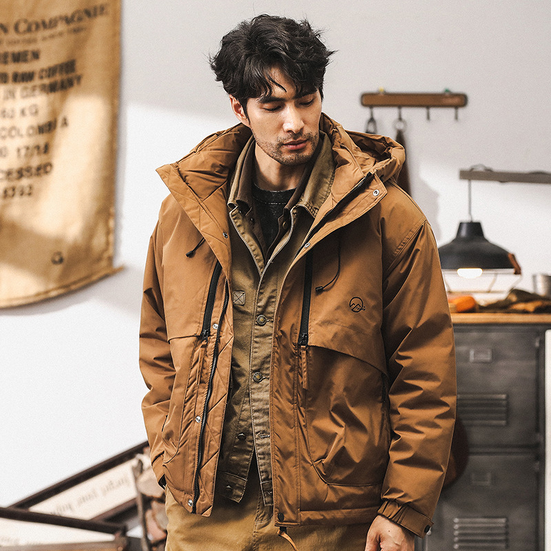 美式復古90灰鴨絨工裝羽絨服男冬季2024新款戶外連帽外套男秋冬款