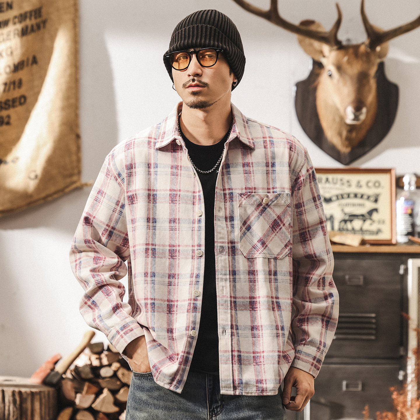 萊賽爾天絲粉色格子襯衫男長袖秋季新款寬鬆休閒男士襯衣春秋外套