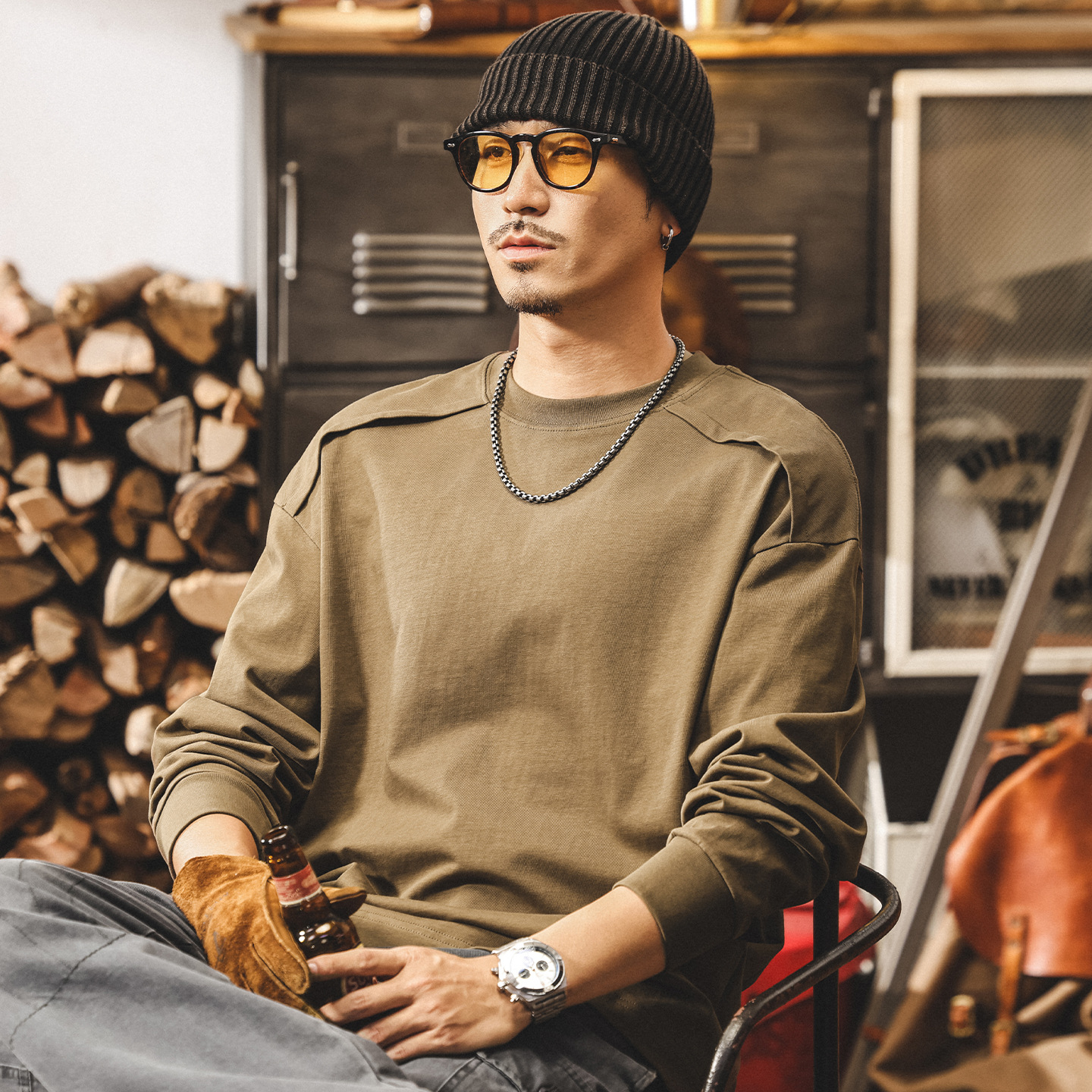 美式復古重磅長袖t恤男秋季新款設計感潮流拼接寬鬆休閒男士上衣