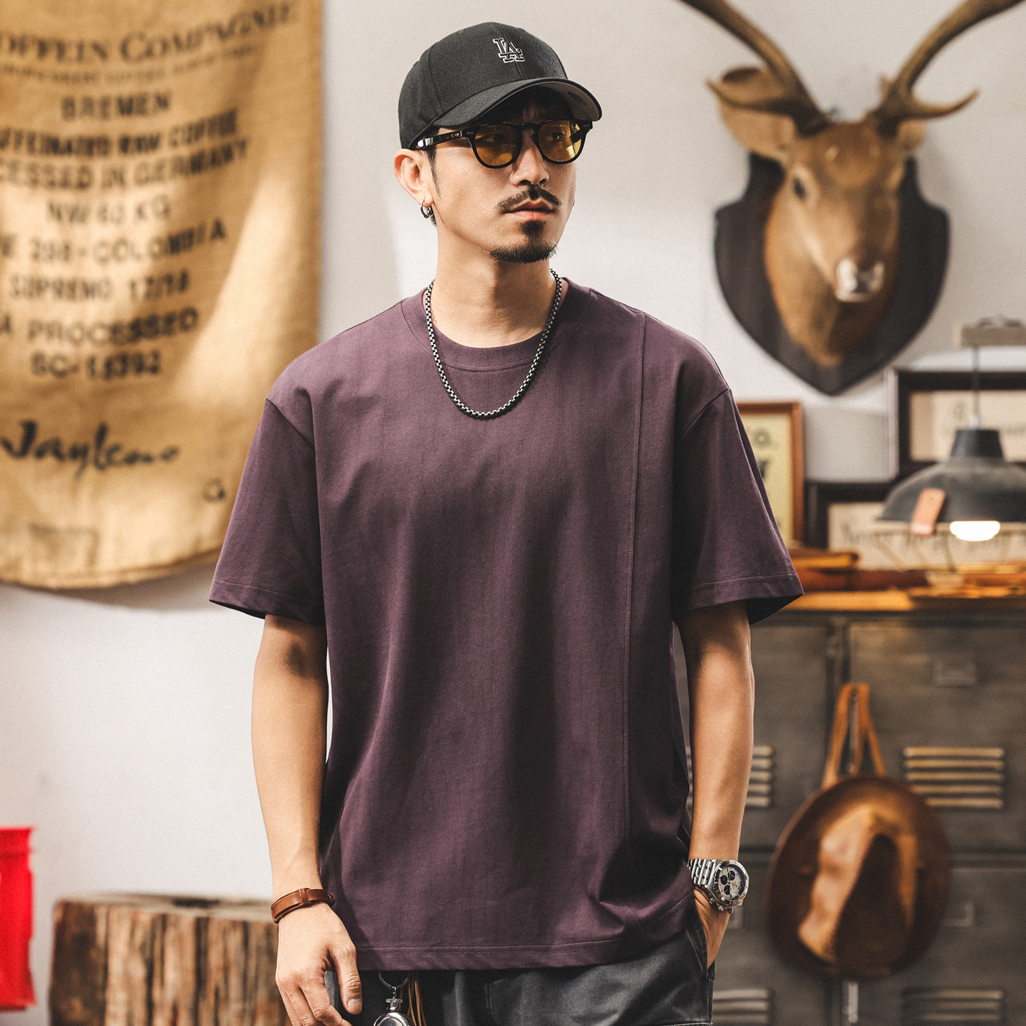 美式復古潮牌男士短袖t恤夏季2025新款簡約百搭紫色多巴胺上衣潮T