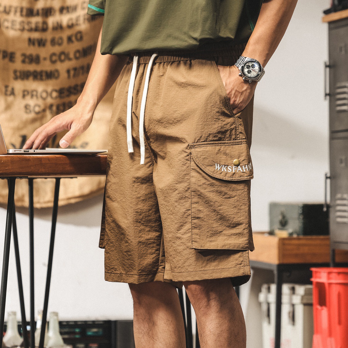 美式復古冰絲短褲男夏季新款潮牌工裝五分褲立體口袋寬鬆休閒中褲