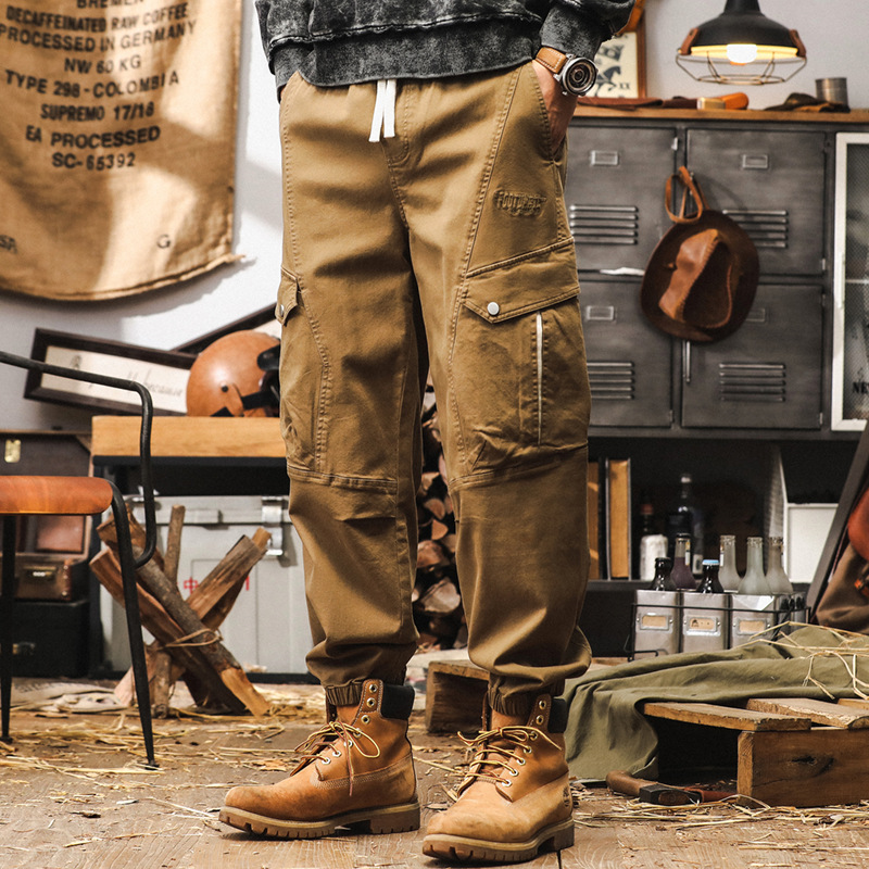 美式復古工裝褲男2024新款寬鬆潮牌卡其色褲子男秋季束腳休閒褲男