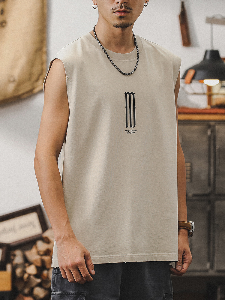 無袖T恤男夏季潮流復古做舊坎肩男款純棉背心重磅運動健身上衣潮T