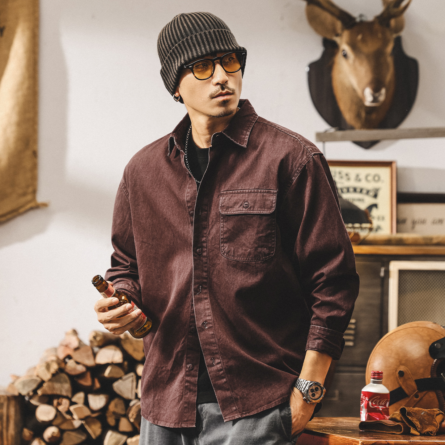 美式復古酵素水洗牛仔外套男春秋2025新款工裝襯衫男長袖寬鬆襯衣