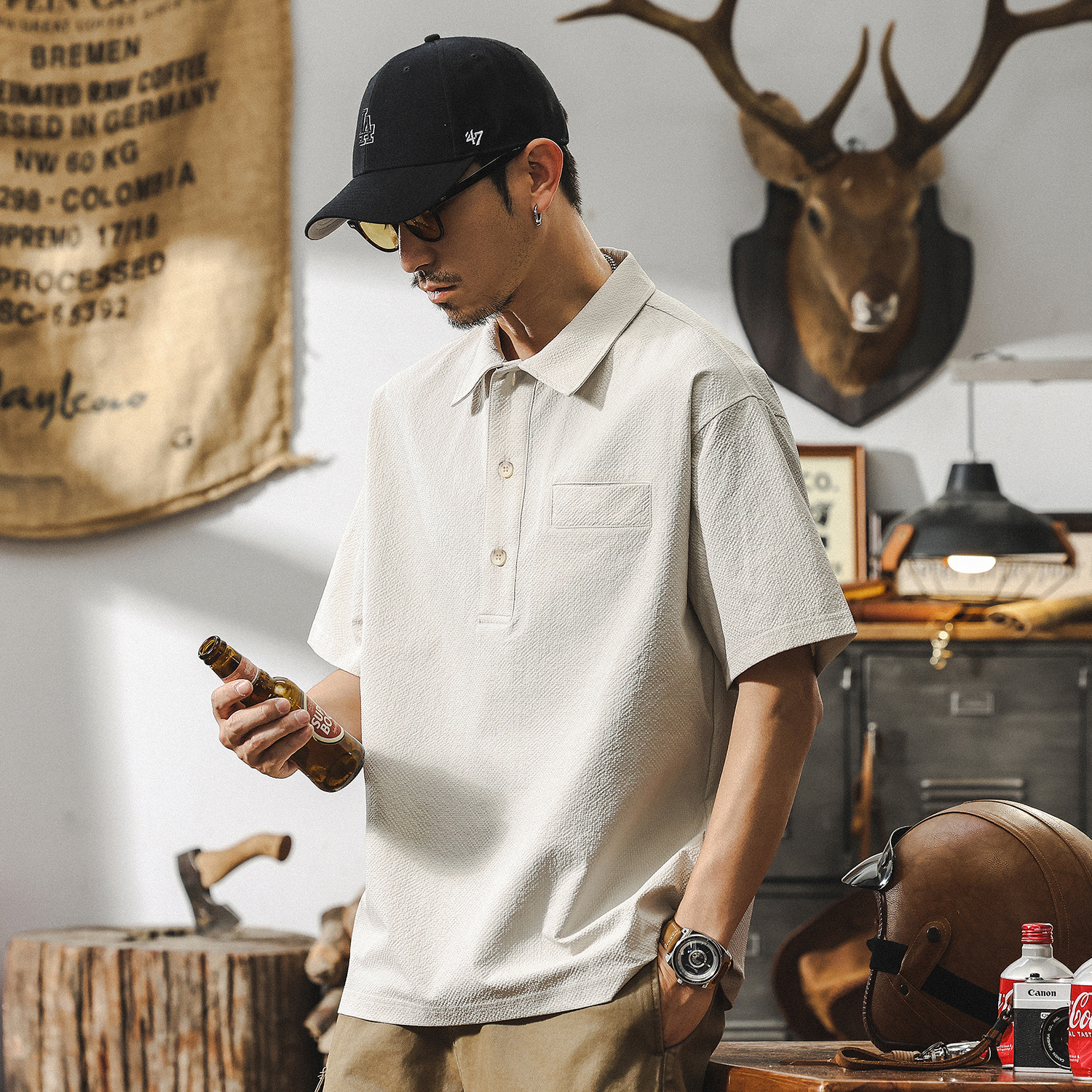 泡泡紗短袖男夏季涼感Polo衫男士寬鬆2025新款美式復古半袖T恤男