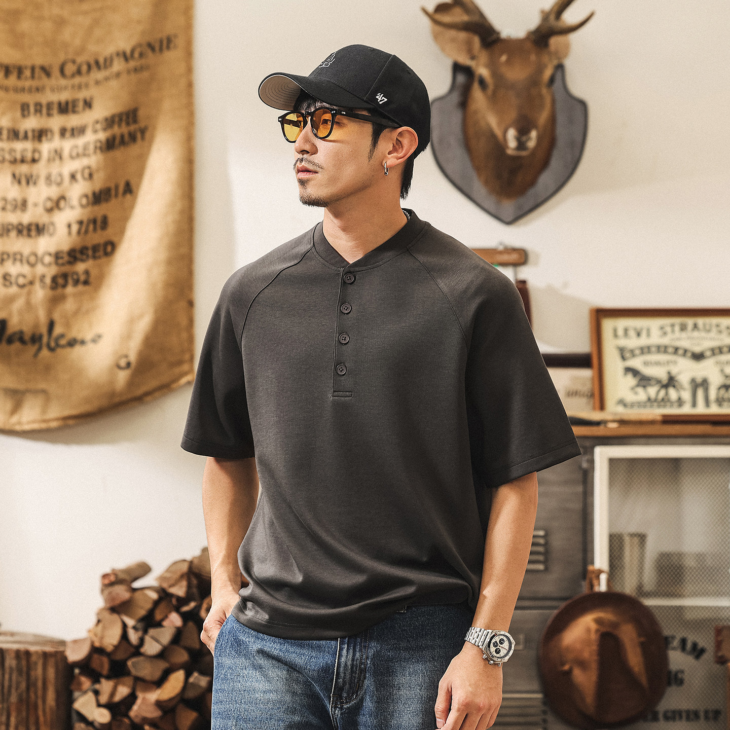 美式復古糯滑果凍棉男士Polo衫短袖夏季T恤新款寬鬆亨利衫上衣男