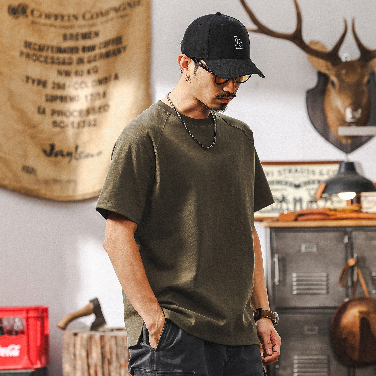 美式復古21支高密竹節T恤男夏季短袖潮牌寬鬆男士插肩袖上衣