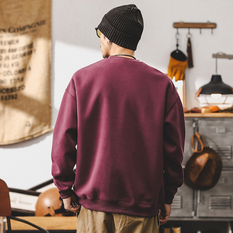 美式重磅圓領衛衣男款秋季潮牌寬鬆酒紅色上衣簡約百搭休閒衣服男