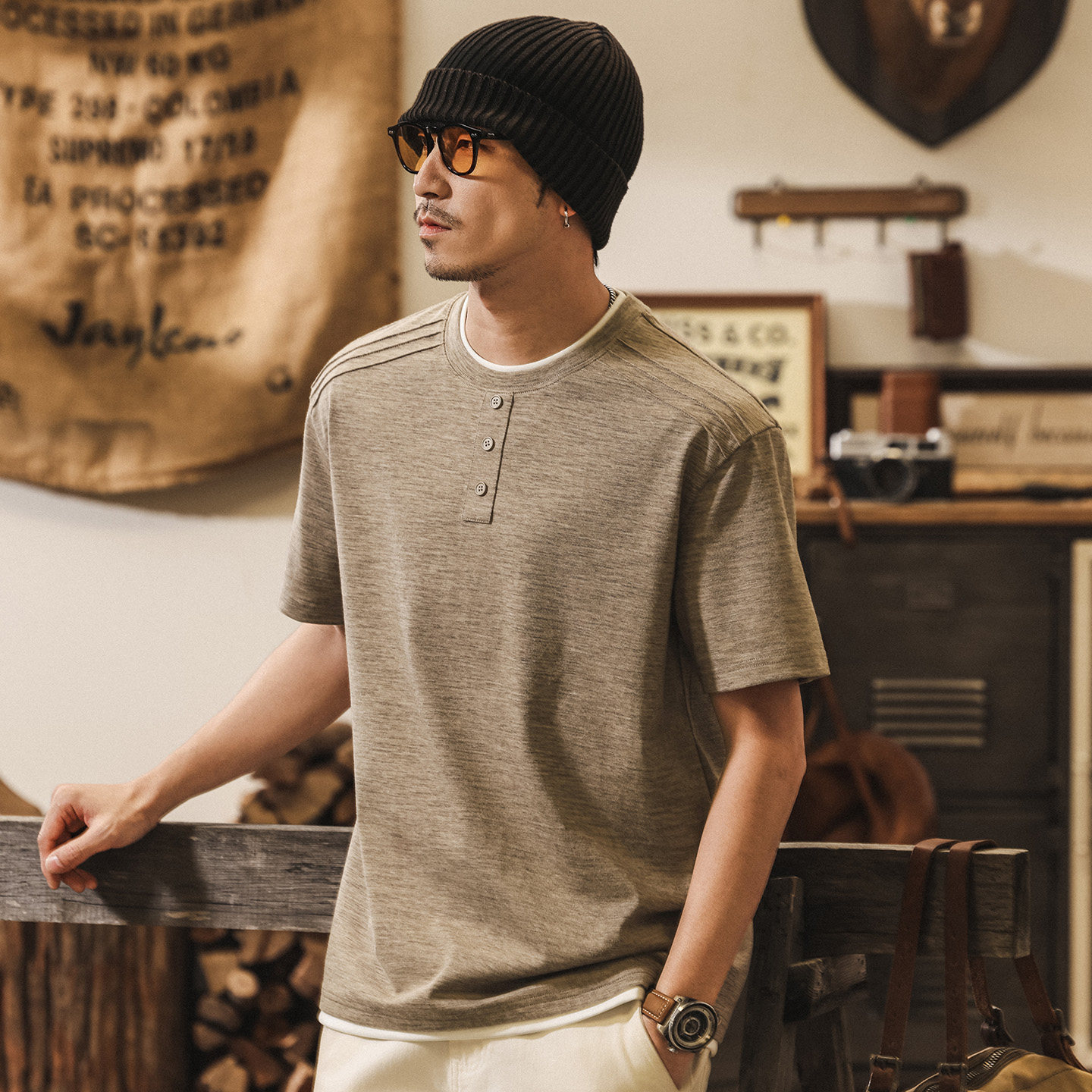 美式復古亨利領Polo衫短袖男款夏季潮牌休閒假兩件T恤男寬鬆上衣