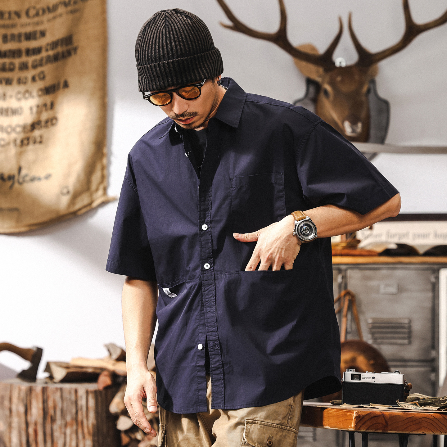 美式復古男士短袖襯衫夏季新款長絨棉寬鬆日系簡約襯衣外套男